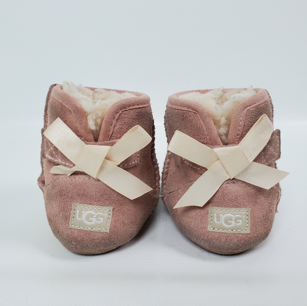 Ugg Baby Girl Bow Valcro Suede Sheep Sherling Boot Sz 4/5